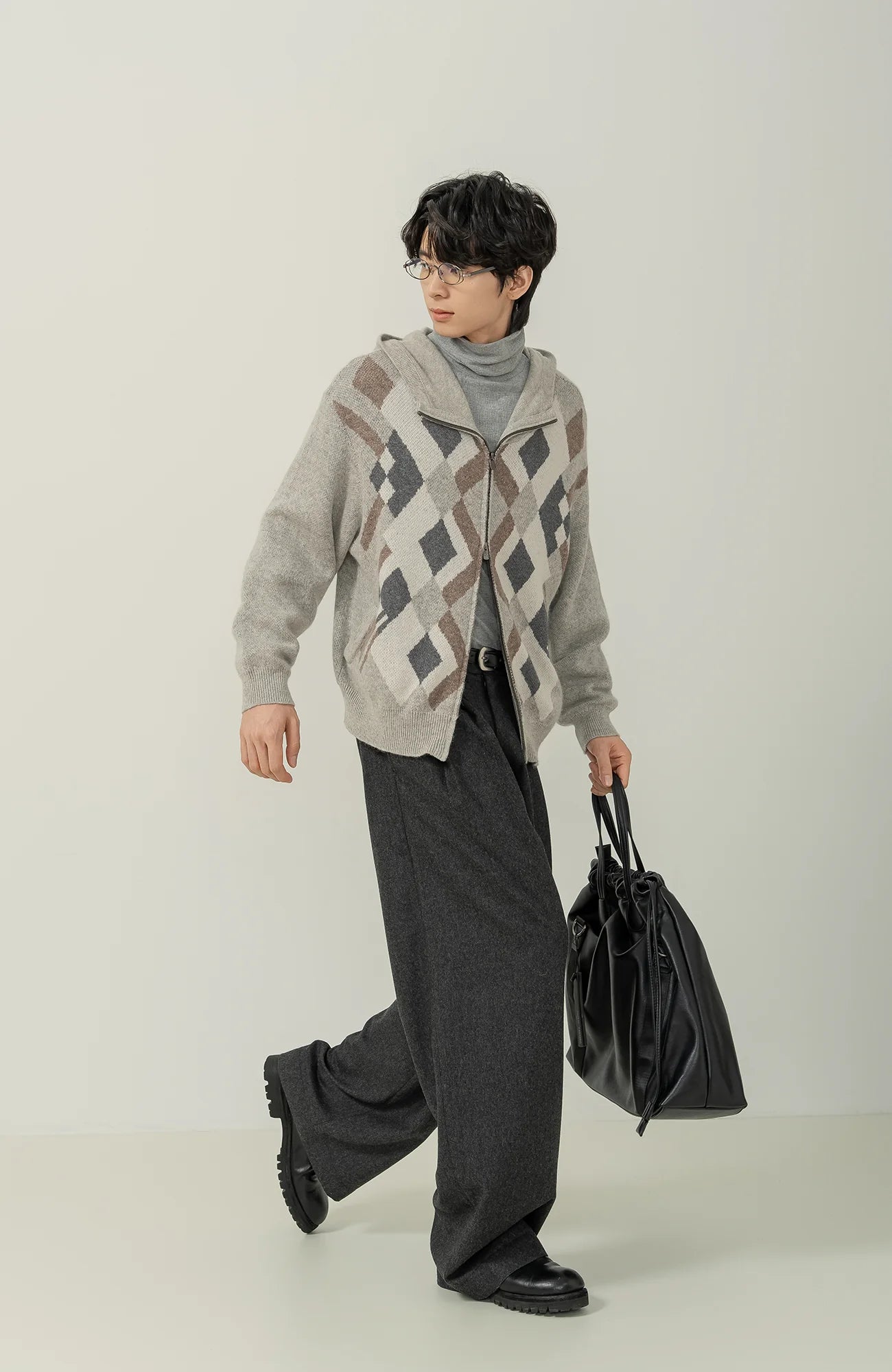 MOITIEDEPETALE Argyle Dual Zip Hooded Cardigan