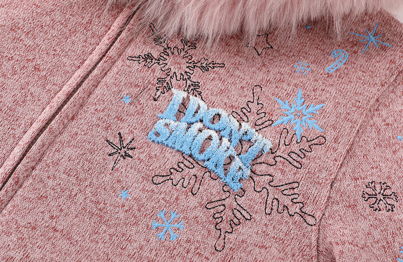 DONSMOKE Snowflake Embroidered Fleece-Lined Zip-Up Hoodie