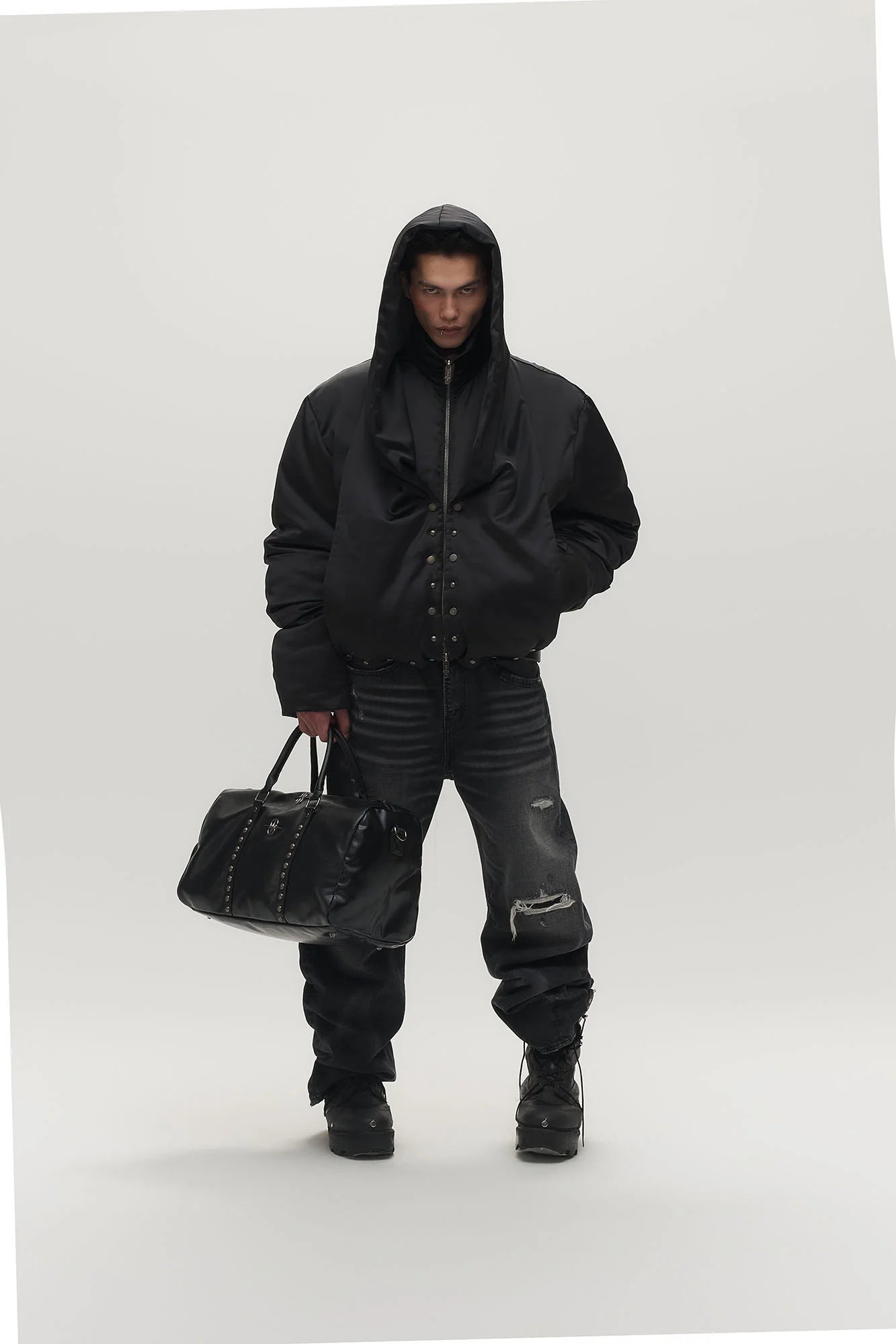 SAVAGEGROWTHWORLD Detachable Hood Satin Oversized Bomber Jacket