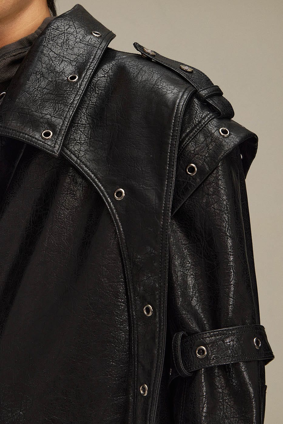FLYERRER Asymmetrical Hoop-Hole Faux Leather Jacket