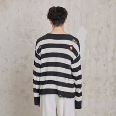 FACEONLAB Stripe Distressed Frayed Crewneck Sweater