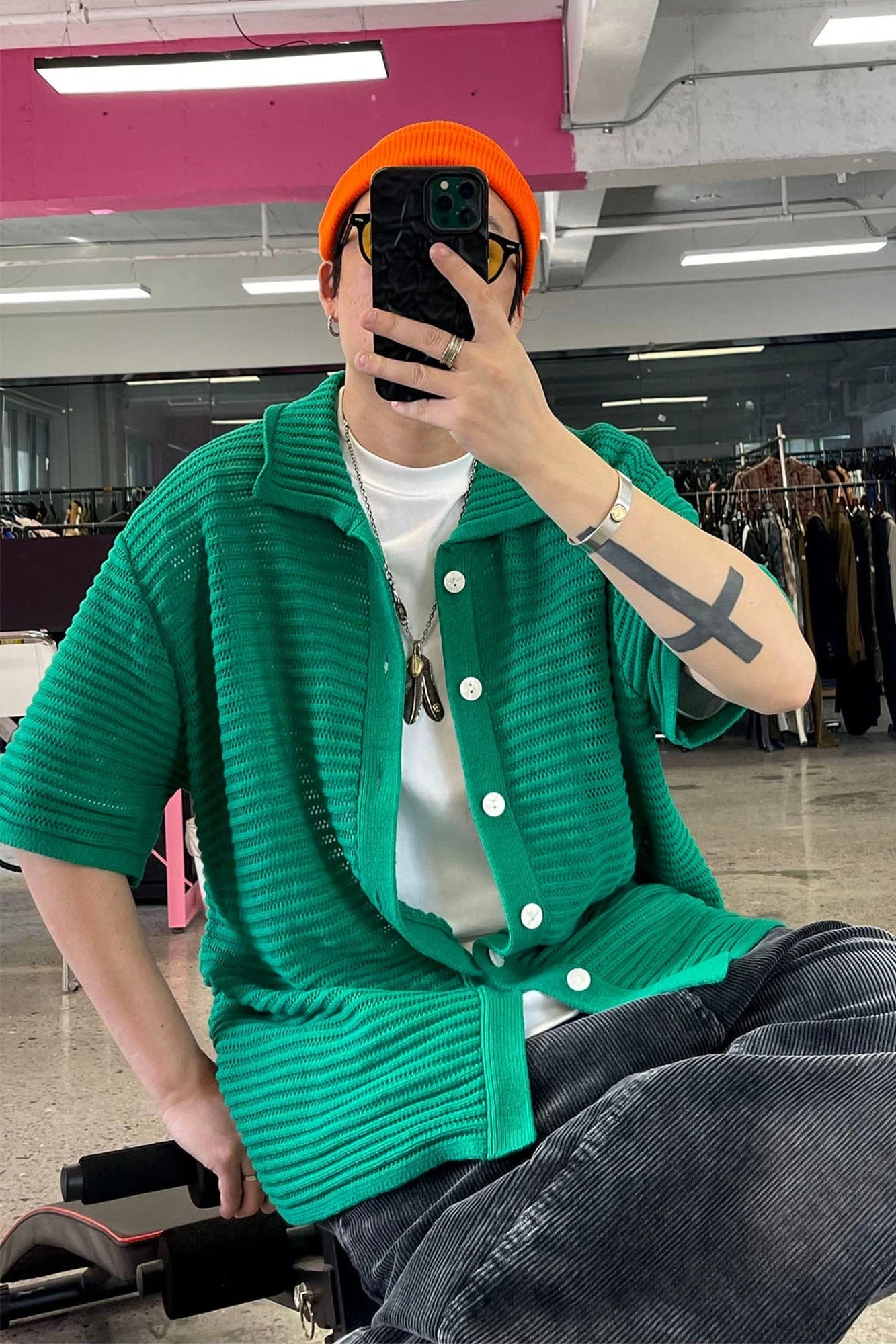 ME DA IGUAL Essential Striped Mesh Button-Up Half Shirt