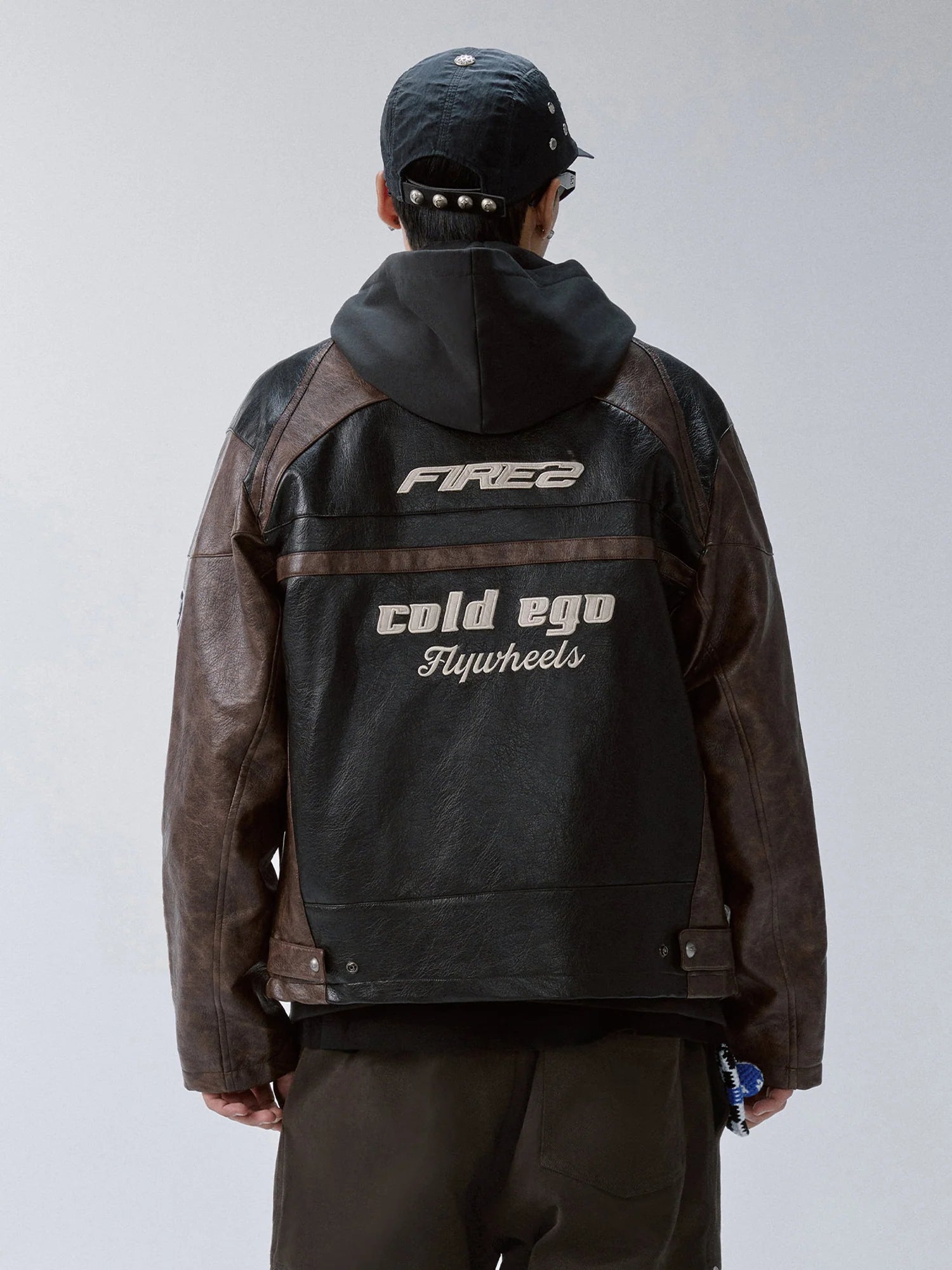 F2CE Retro Embroidered Patch PU Moto Jacket
