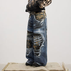 DND4DES Full-Printed Leopard Distressed Baggy Jeans