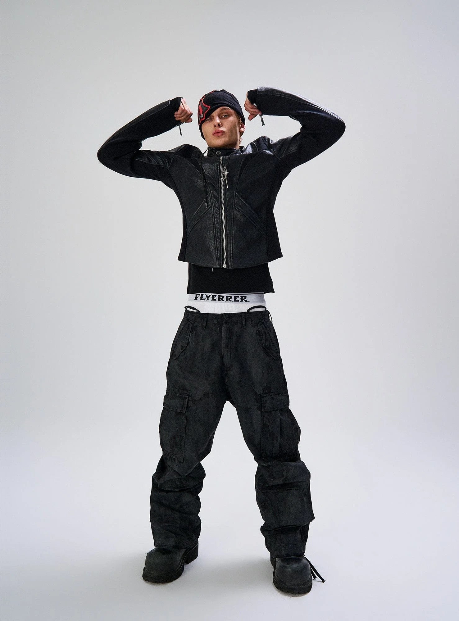 FLYERRER Structured Panel Faux Leather Biker Jacket