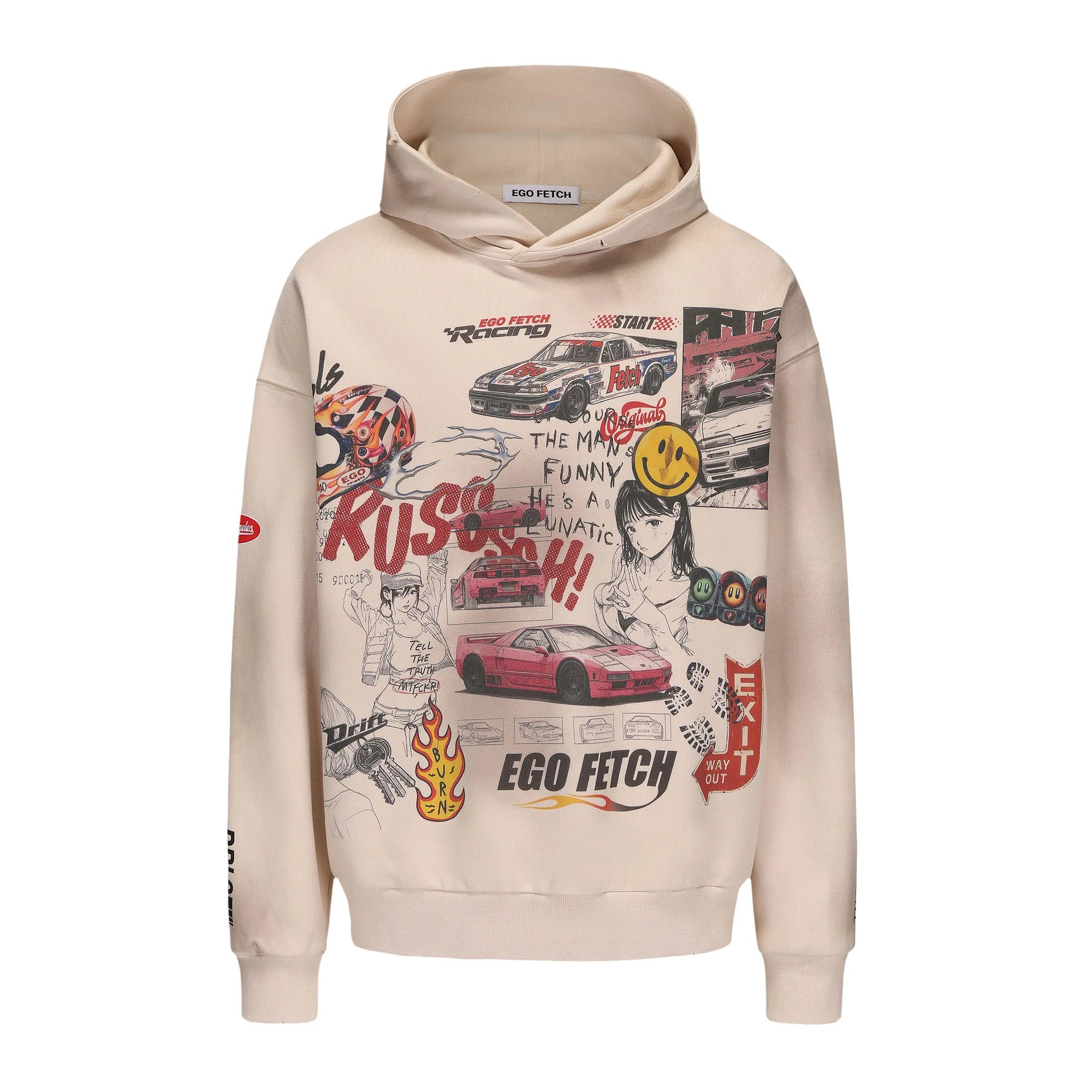 EGOFETCH Distressed Racing Anime Graphic Hoodie