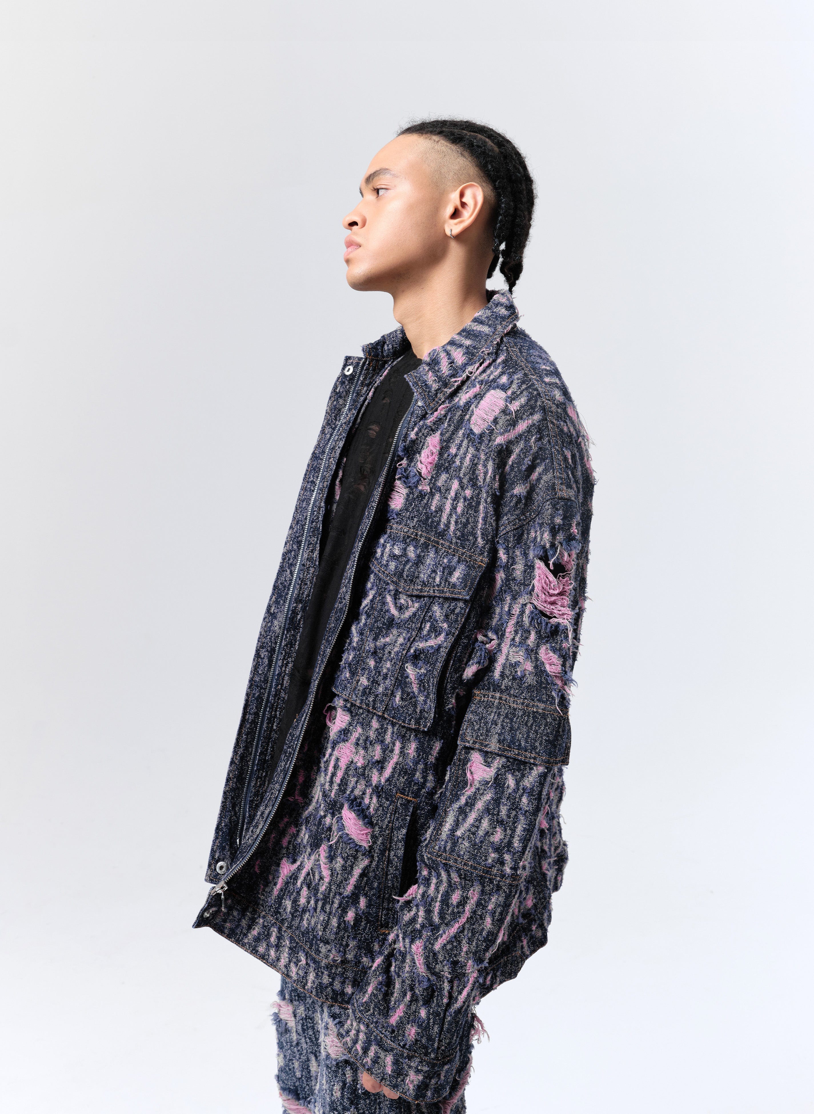 VANN VALRENCE Distressed Embroidered Multi-Pockets Denim Jacket