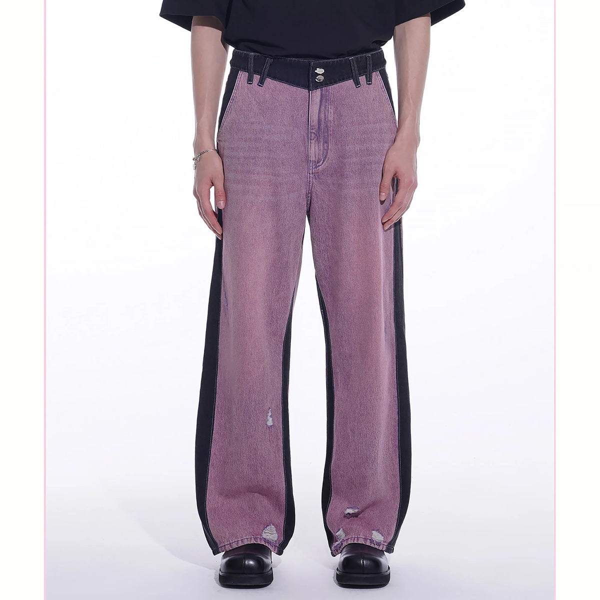 TIWILLTANG Distressed Contrast Paneled Wide-Leg Jeans