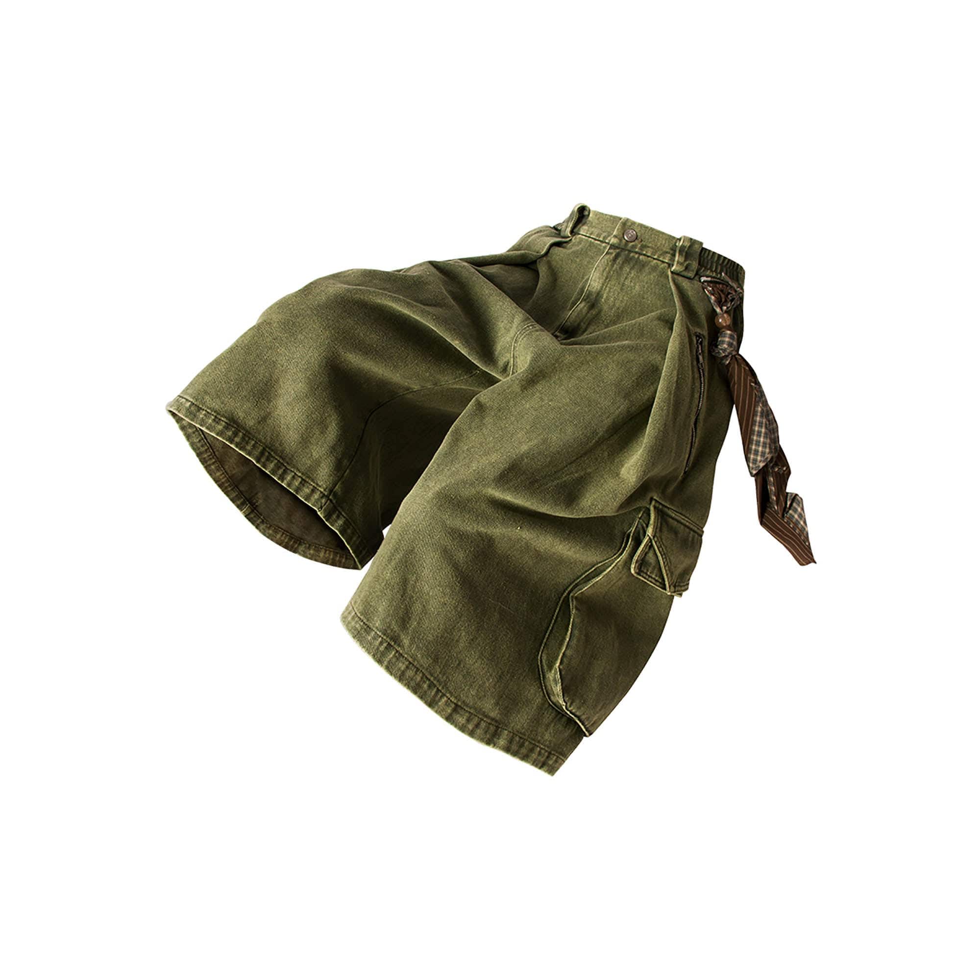 RELABEL Detachable Scarf Washed Multi-Pocket Wide-Leg Shorts Green