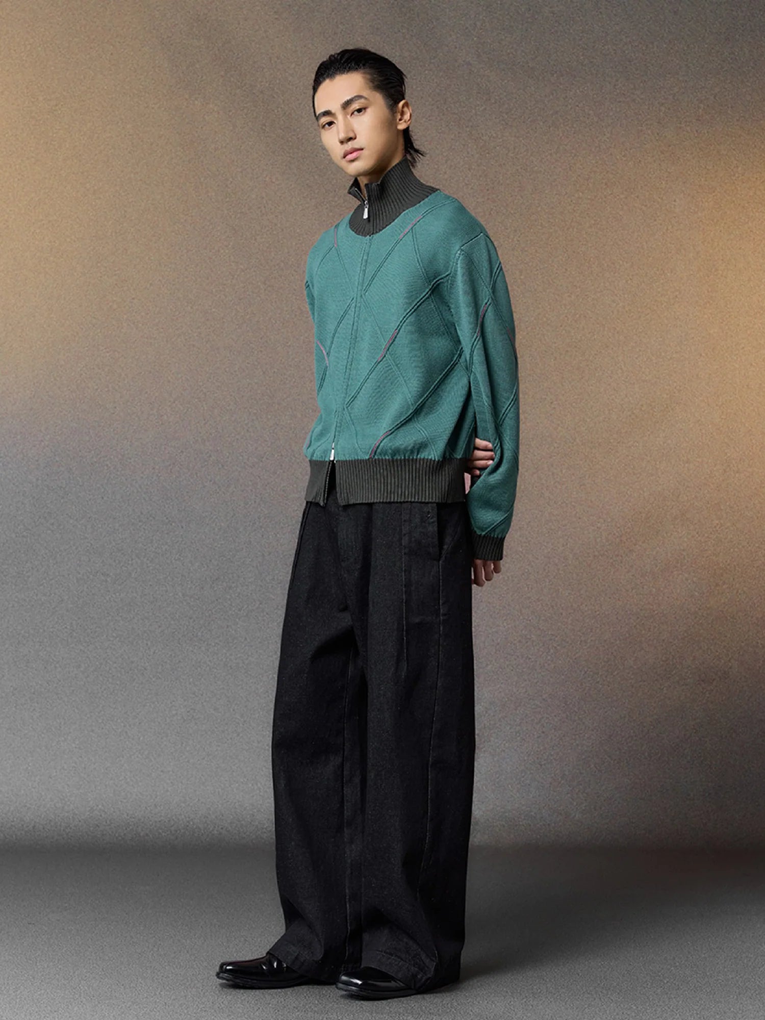 ALVNG AR ANTS Geometric Stitch Zip-Up Sweater