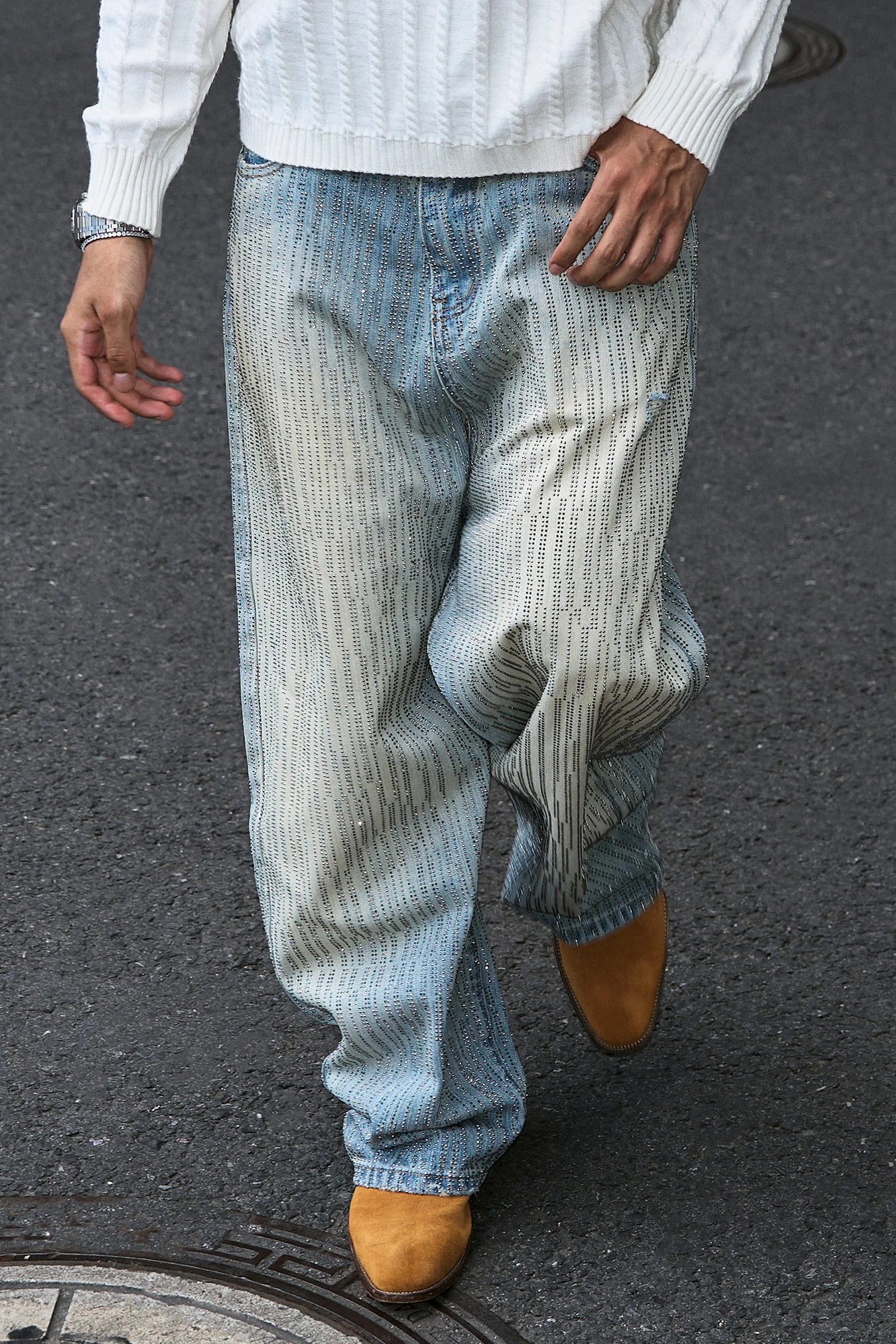 STEEPC Washed Rhinestone Embellished Baggy Jeans
