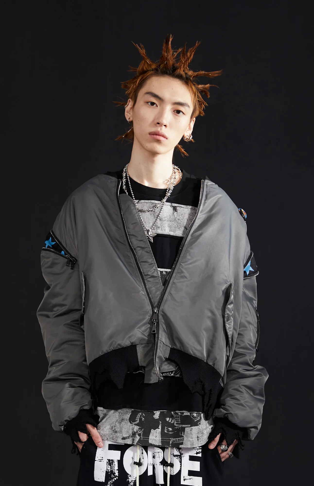 VENTUREK Retro Zipper-Spliced Raw Edge Bomber Jacket