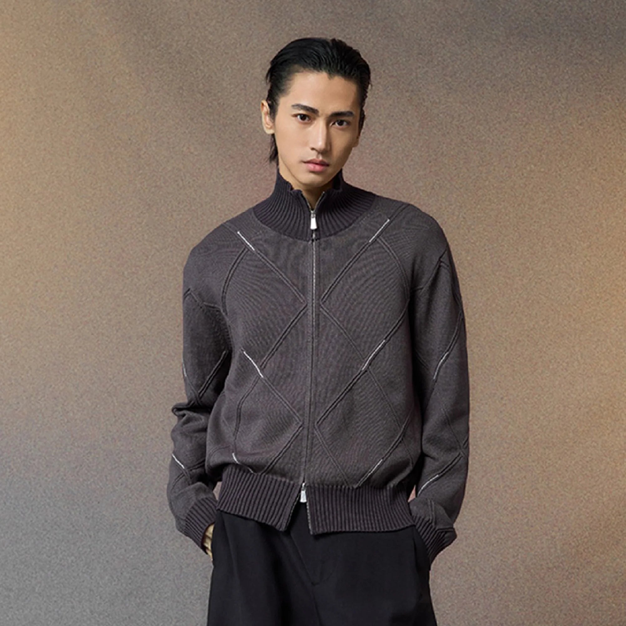 ALVNG AR ANTS Geometric Stitch Zip-Up Sweater