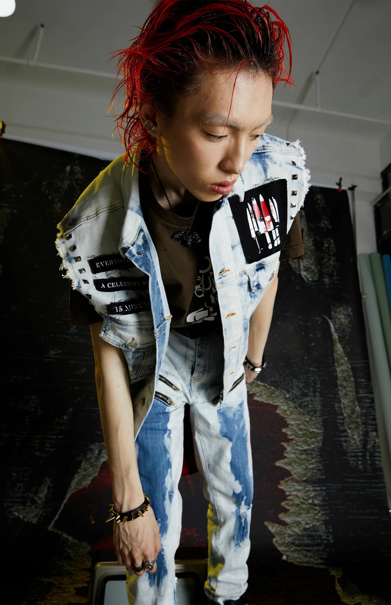 VENTUREK Distressed Washed Studded Patch Denim Vest