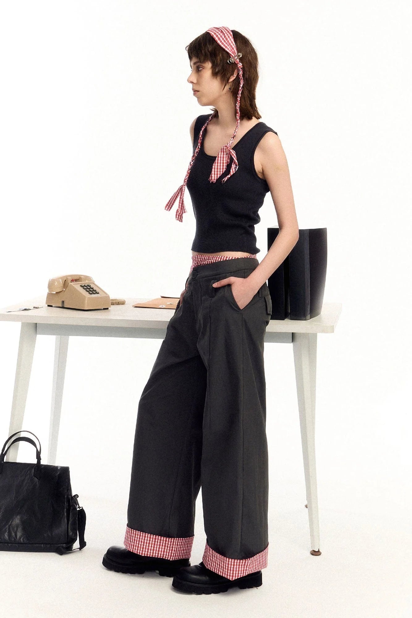 OIPWORD Asymmetrical Waist Faux-Layered Wide-Leg Pants