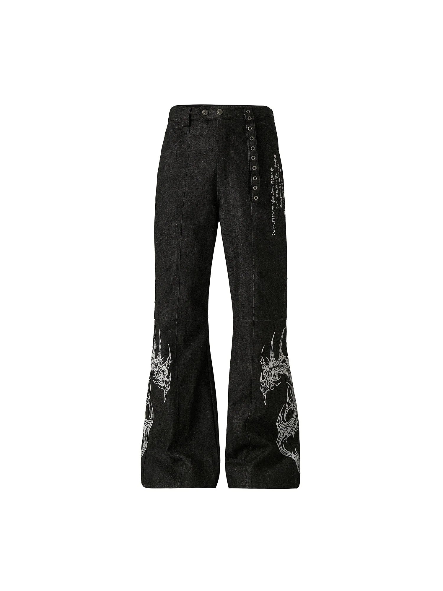 FLYERRER Abstract Graphic Flared Raw Jeans