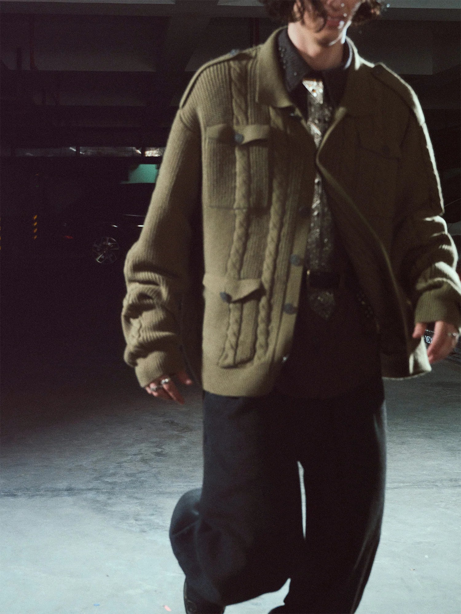 RICHILL Epaulet Multi-Pocket Cable Knit Jacket