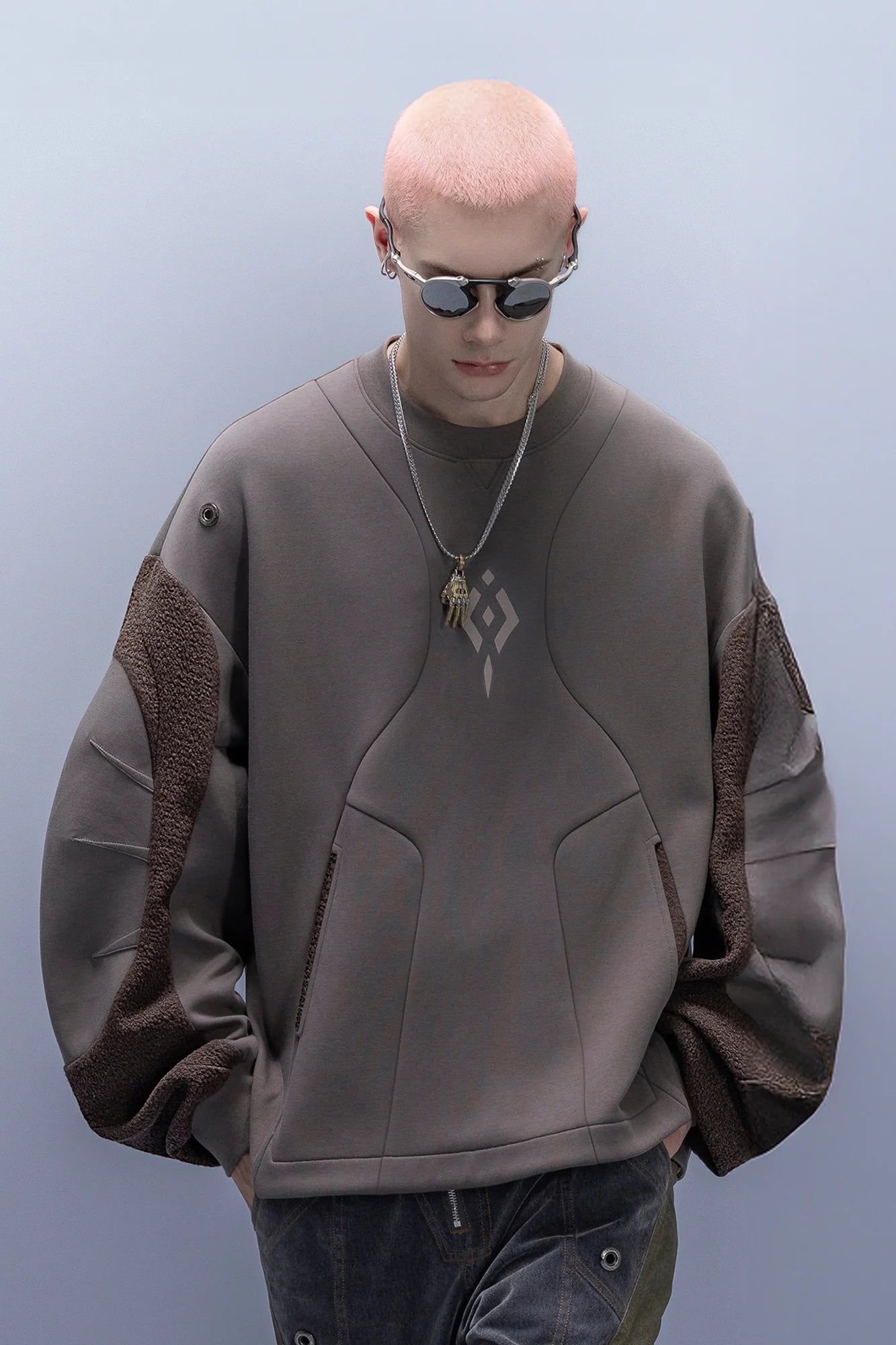 XIPHEVIL Utility Paneled Crewneck Sweatshirt Coffee