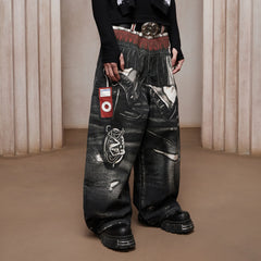 DND4DES Triple-Waist Graphic Wide-Leg Denim Pants