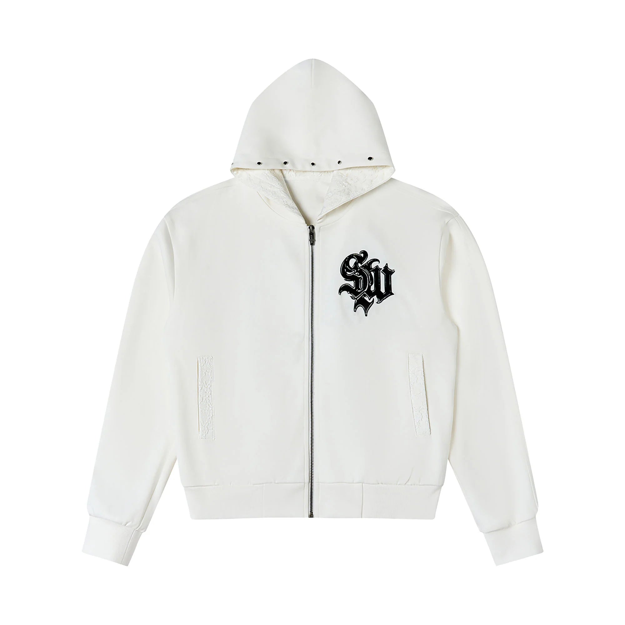 SAVAGEGROWTHWORLD Gothic Lettering Embroidered Zip-Up Hoodie
