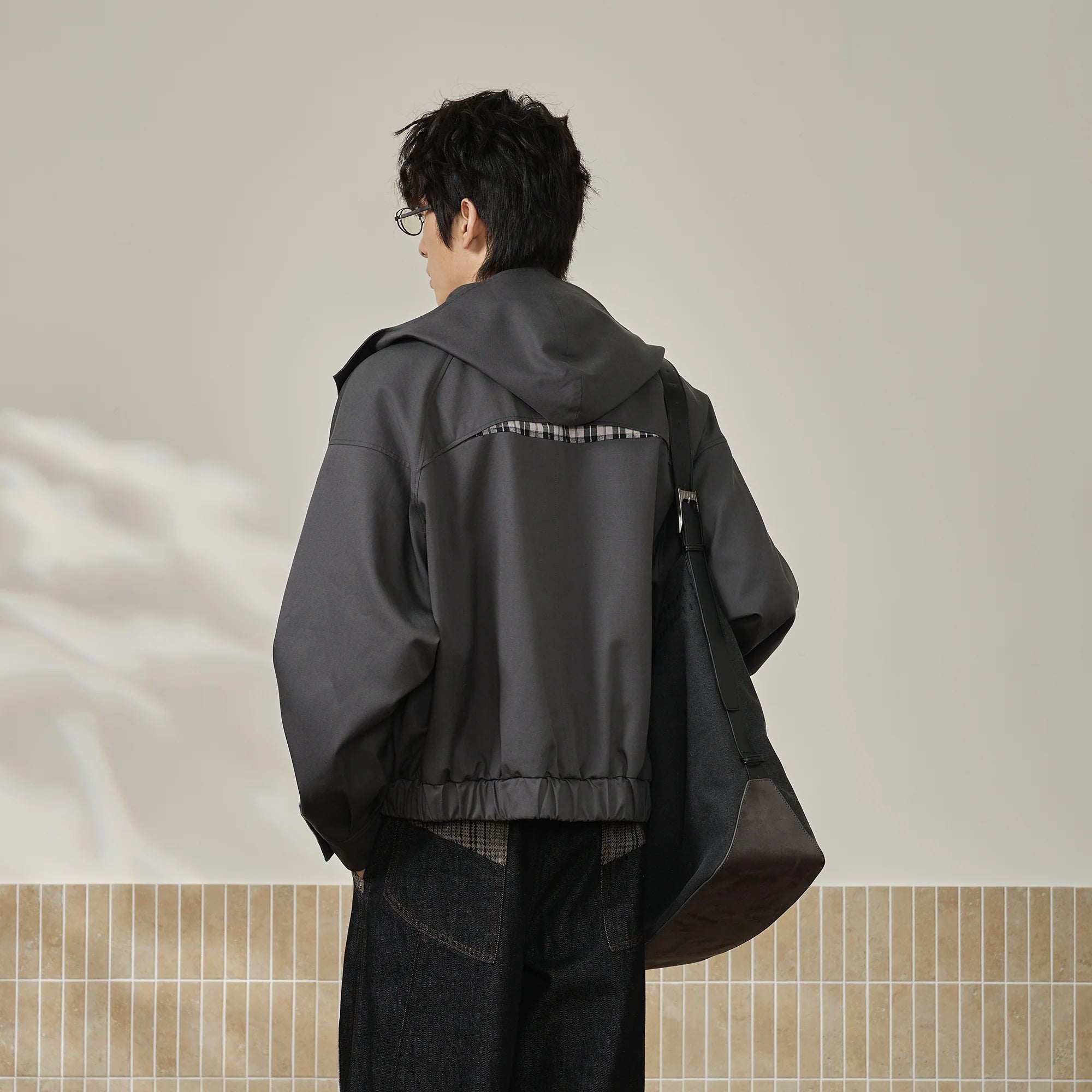 MOITIEDEPETALE Convertible Collar & Hood Plaid Pocket Jacket