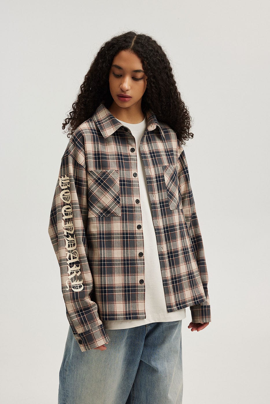 BONELESS Gothic Slogan Plaid Shirt