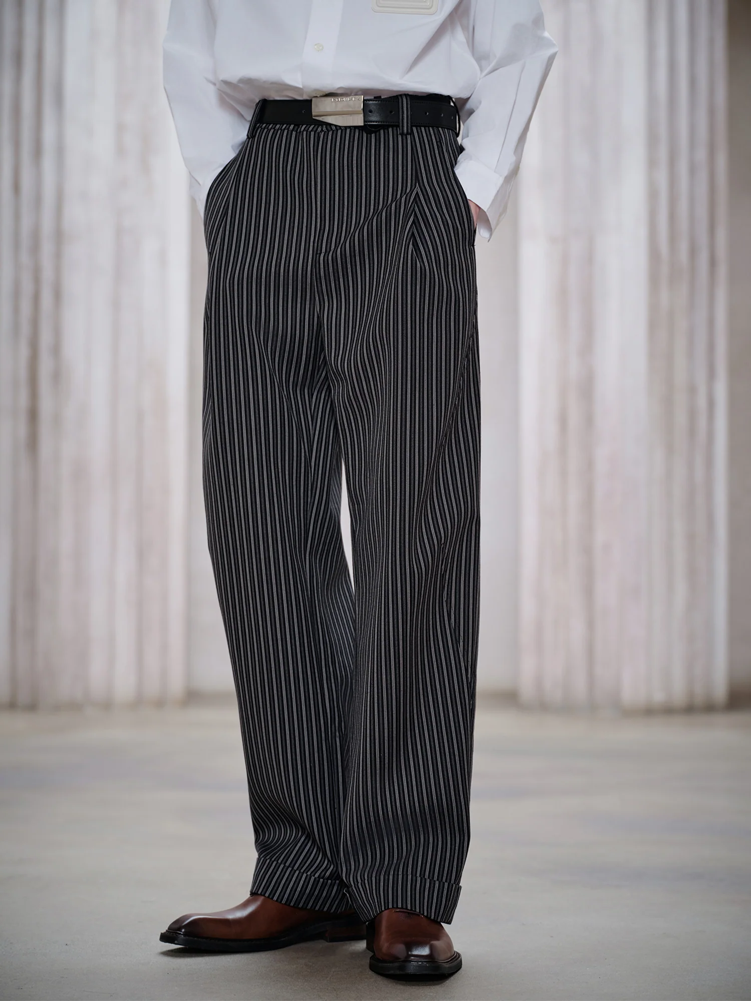 FACEONLAB Classic Striped Wool Pleated Tailored Trousers