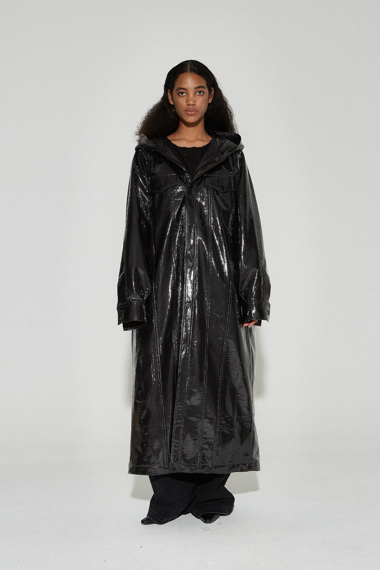 VANN VALRENCE Glossy Belted Hooded Padded Long Coat
