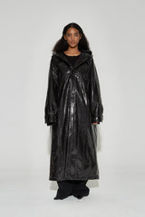 VANN VALRENCE Glossy Belted Hooded Padded Long Coat