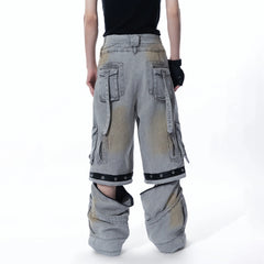 MOGONGSHE Detachable Bleach Washed Utility Cargo Jeans