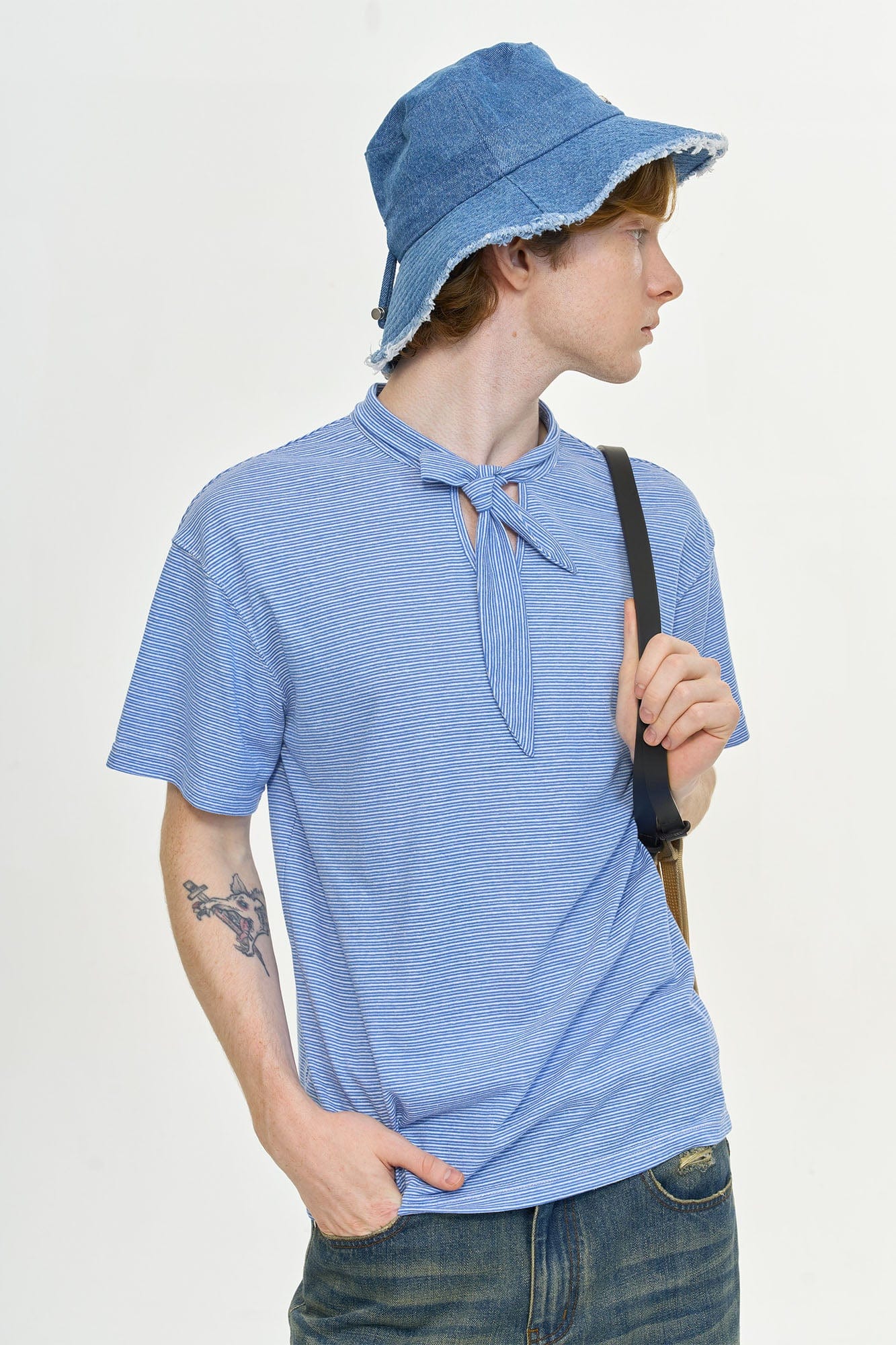 LEONSENSE Classical Striped Tie-Neck T-Shirt