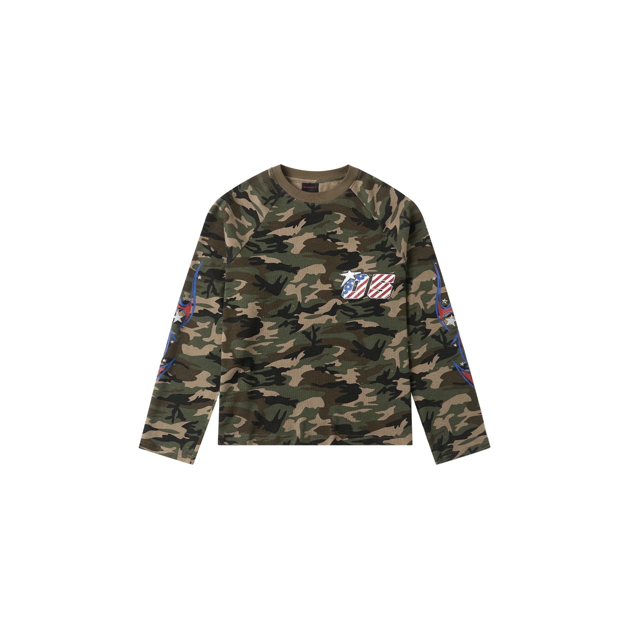 SAVAGEGROWTHWORLD Camo Waffle Knit Graphic Long-Sleeve Tee