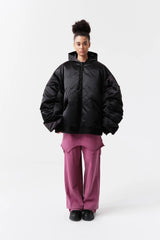 VANN VALRENCE Ruched Sleeve Oversized Hooded Down Jacket