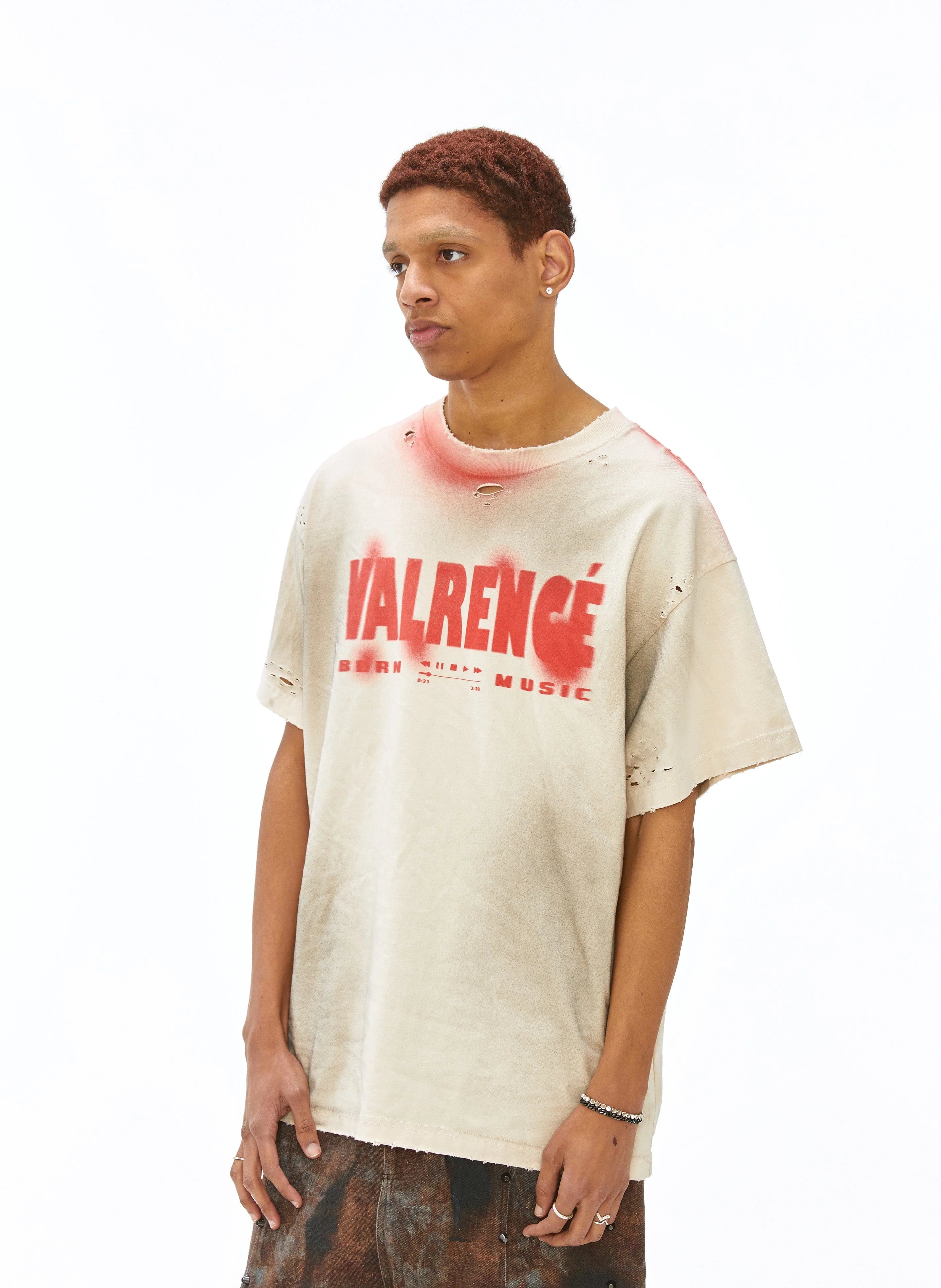 VANN VALRENCE Distressed Washed Spray Faded LOGO T-Shirt