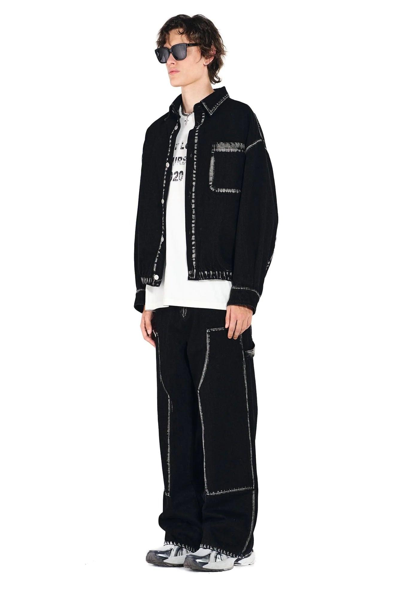 OVERLAPS Contrast Brushstroke Trim Double-Knee Jeans