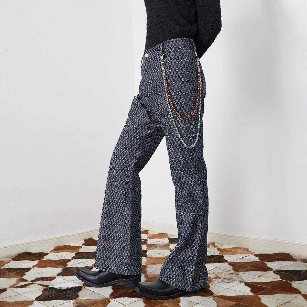 ASSEEN Checkerboard Knee Paneled Flared Jeans