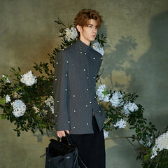 JIECHI Pearl Embellished Stripe Mandarin Shirt
