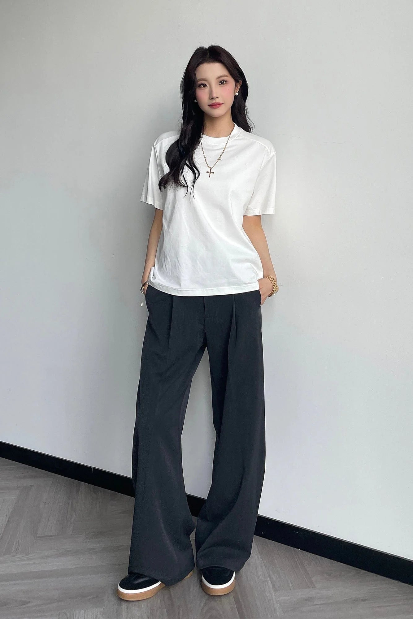 OKAYTHXBYE Pleated Curved Wide-Leg Trousers