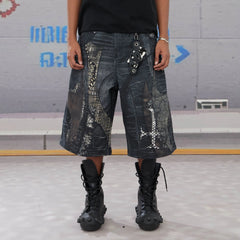 DND4DES Croc Cross Panel Washed Bermuda Denim Shorts