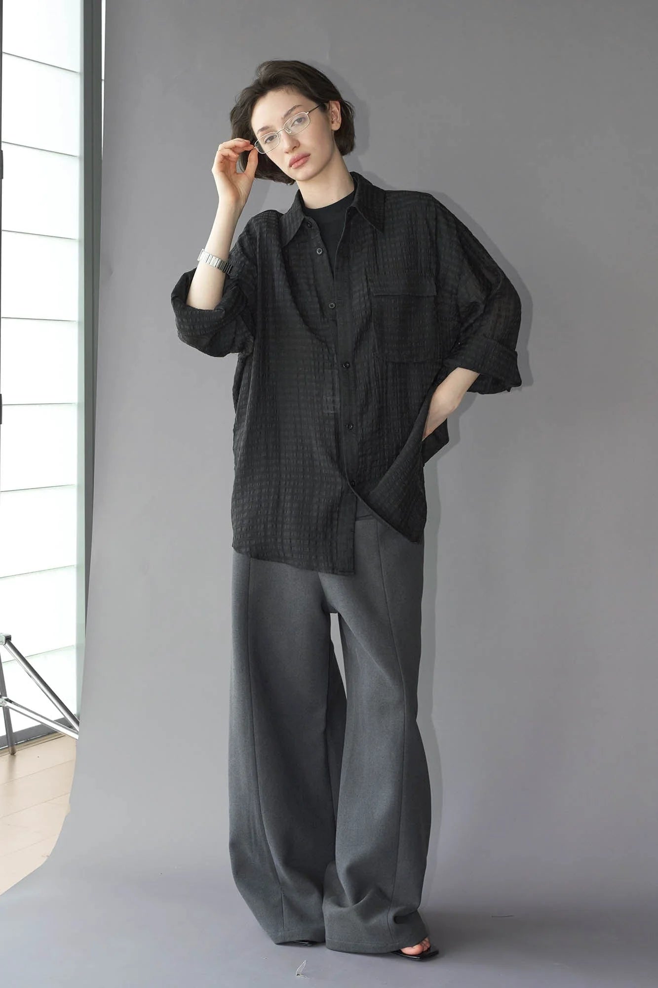 LABELROOM Sheer Textured Grid Oversized Shirt
