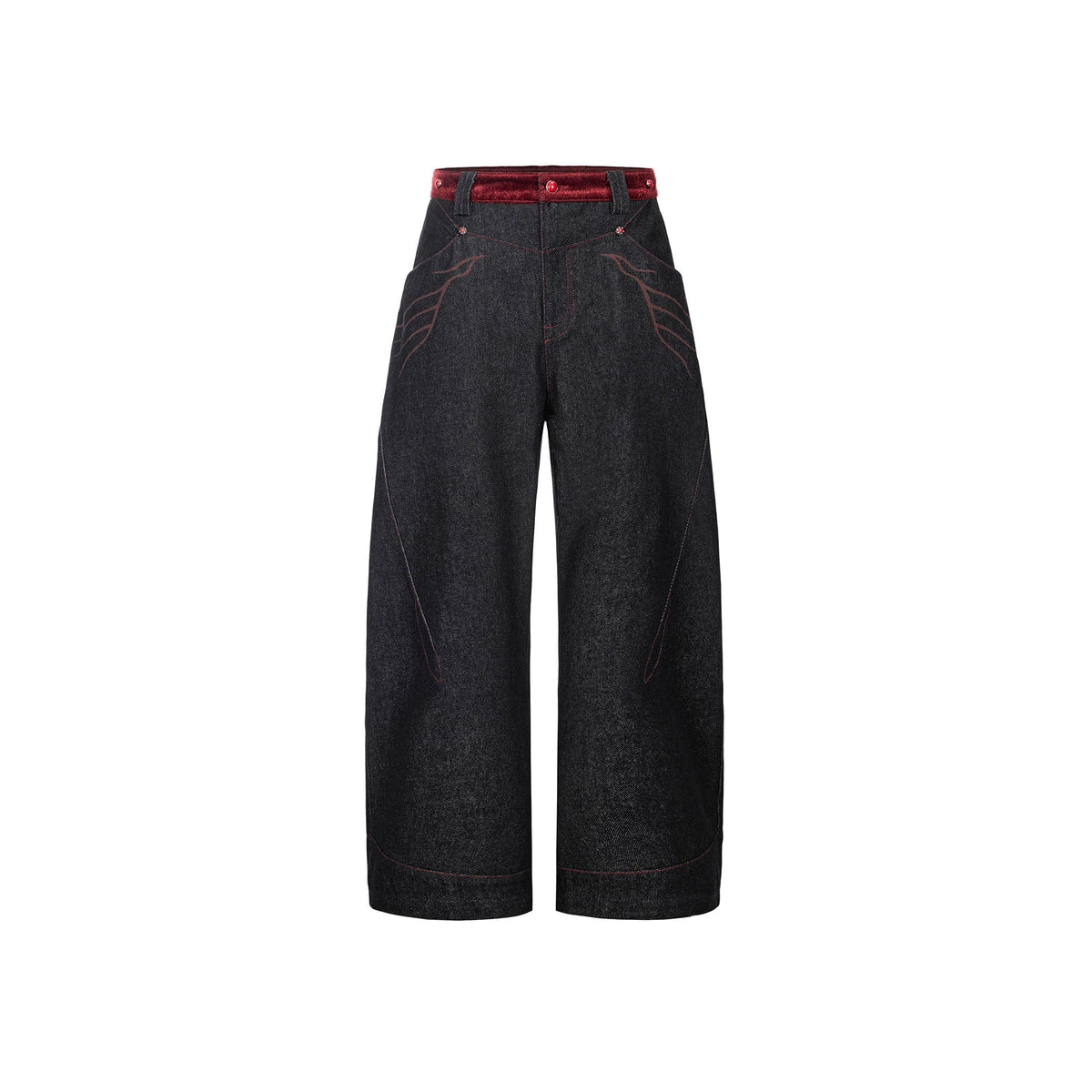 ESAIAS Vermilion Stitch Red Turquoise Curved Denim Pants