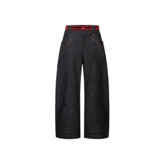 ESAIAS Vermilion Stitch Red Turquoise Curved Denim Pants