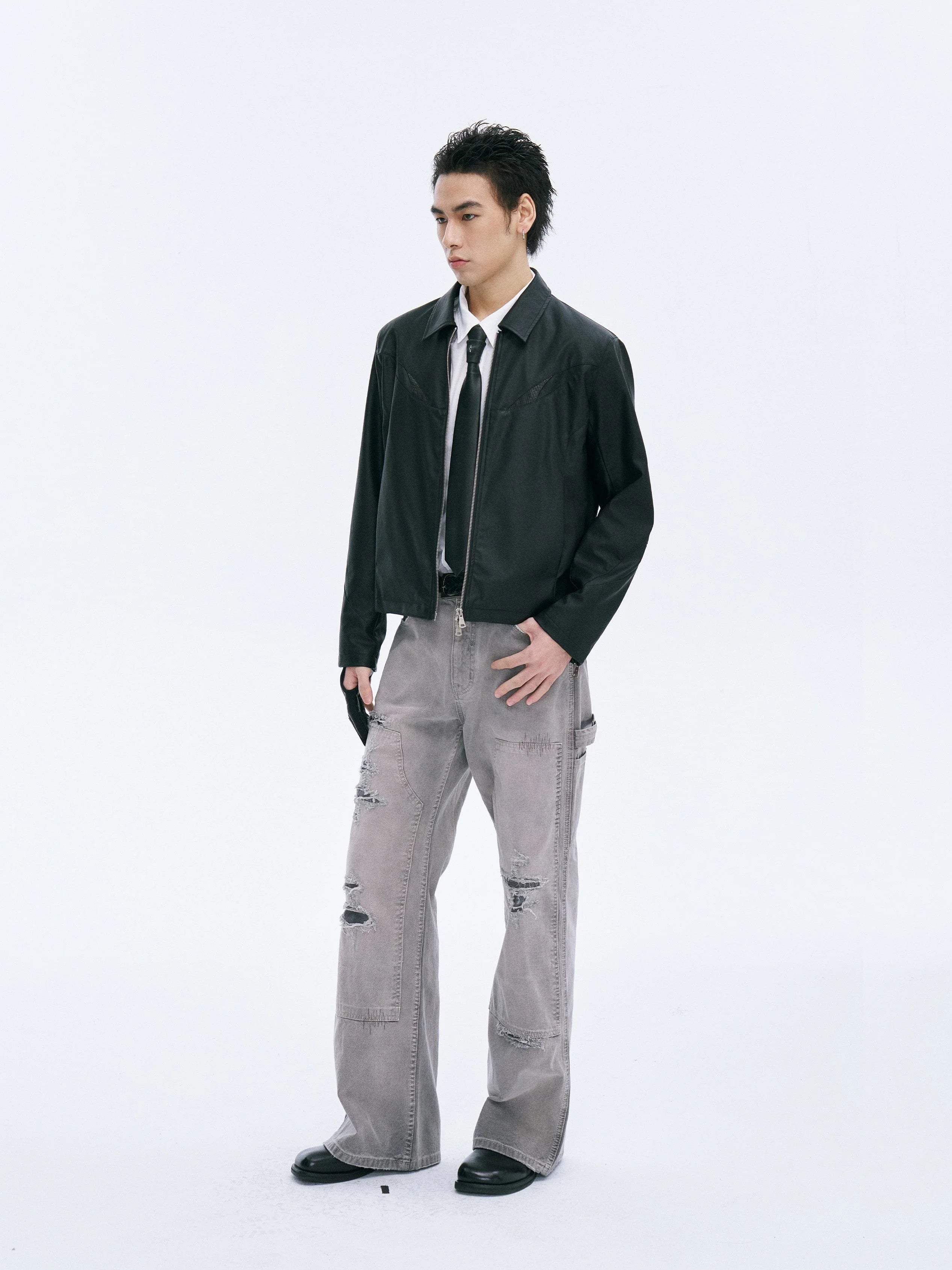 CATSSTAC Distressed Double-Knee Carpenter Straight-Leg Jeans Gray
