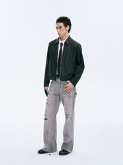 CATSSTAC Distressed Double-Knee Carpenter Straight-Leg Jeans Gray