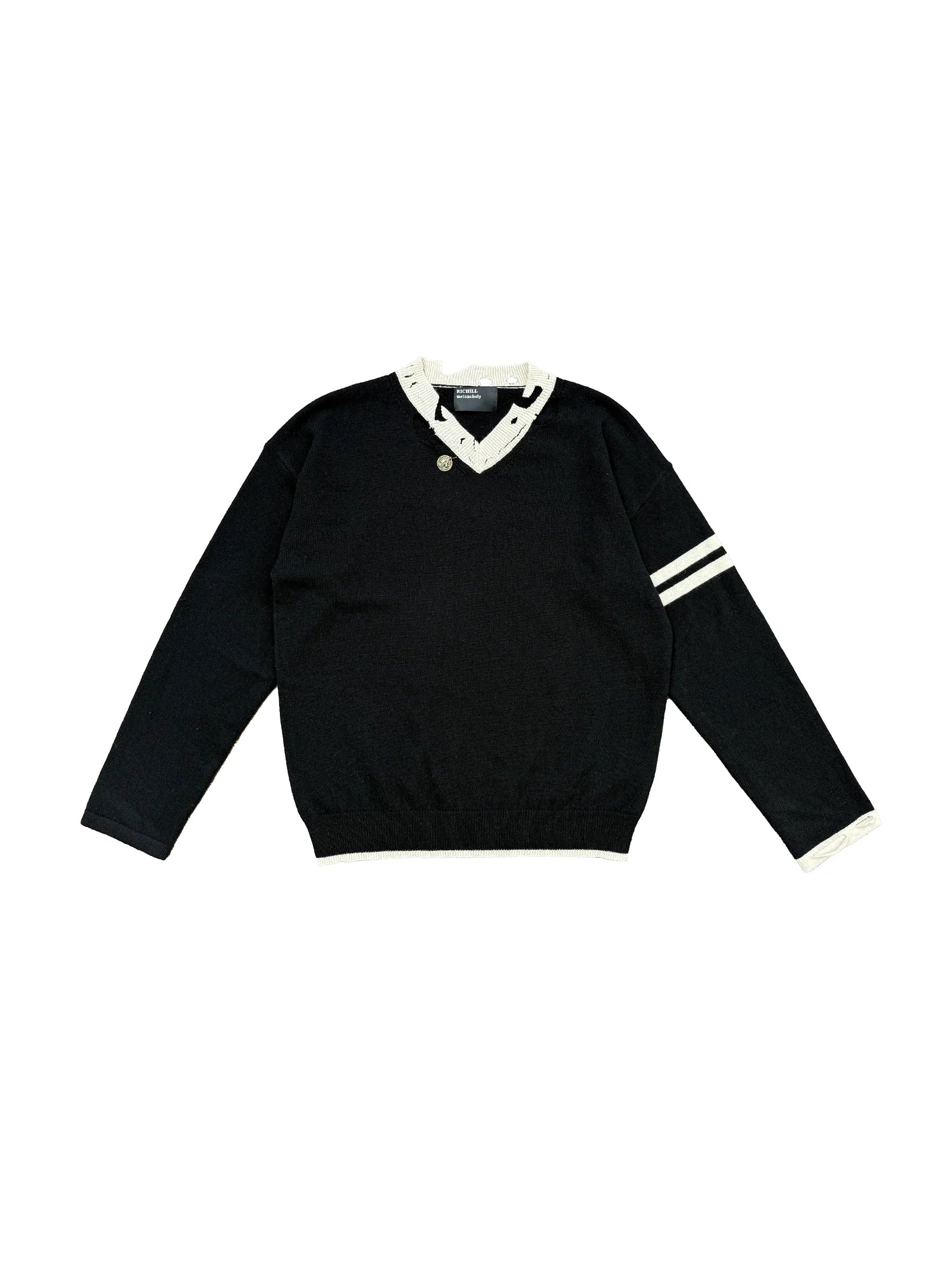 RICHILL Distressed V-Neck Coin-Button Wool Sweater