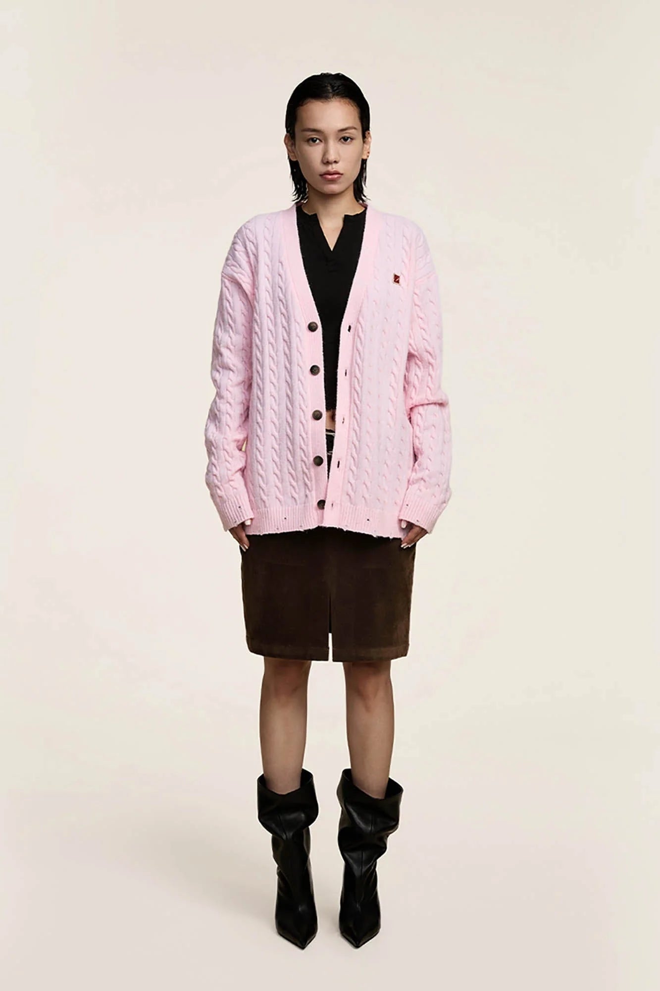 OPICLOTH Cable-Knit V-Neck Button-Up Cardigan