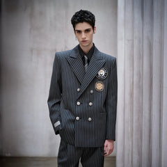 FACEONLAB Stripe Badge-Patch Double-Breasted Jacket