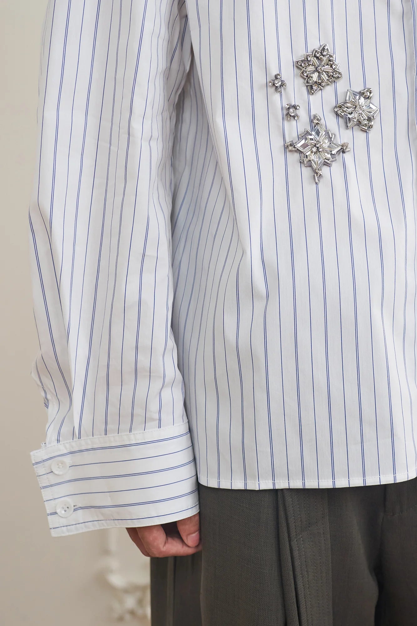 ORAL UTOPIA Silver Embellished Striped Mandarin Collar Shirt