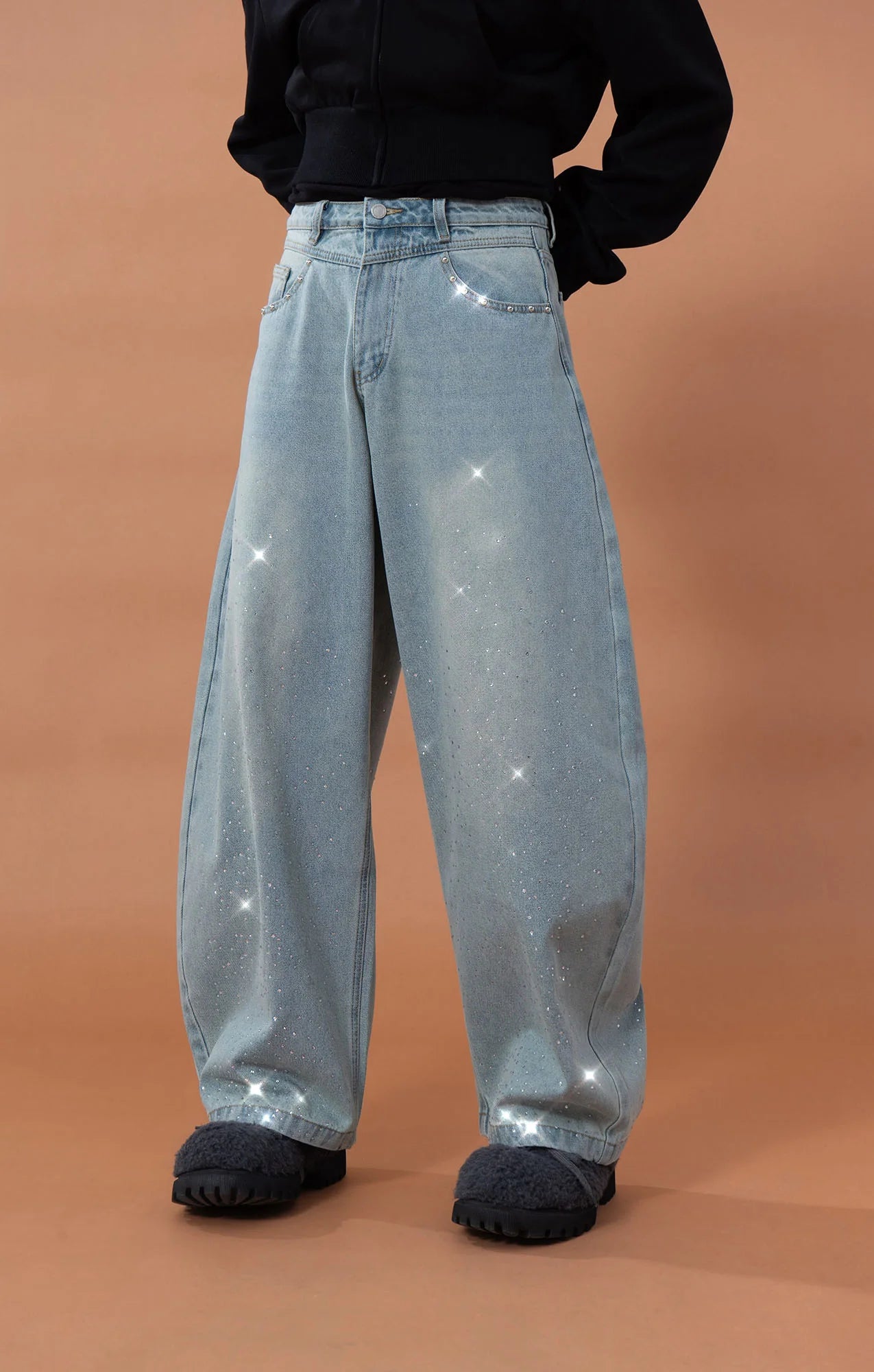 CLP Washed Diamond-Dusted Curved-Leg Jeans