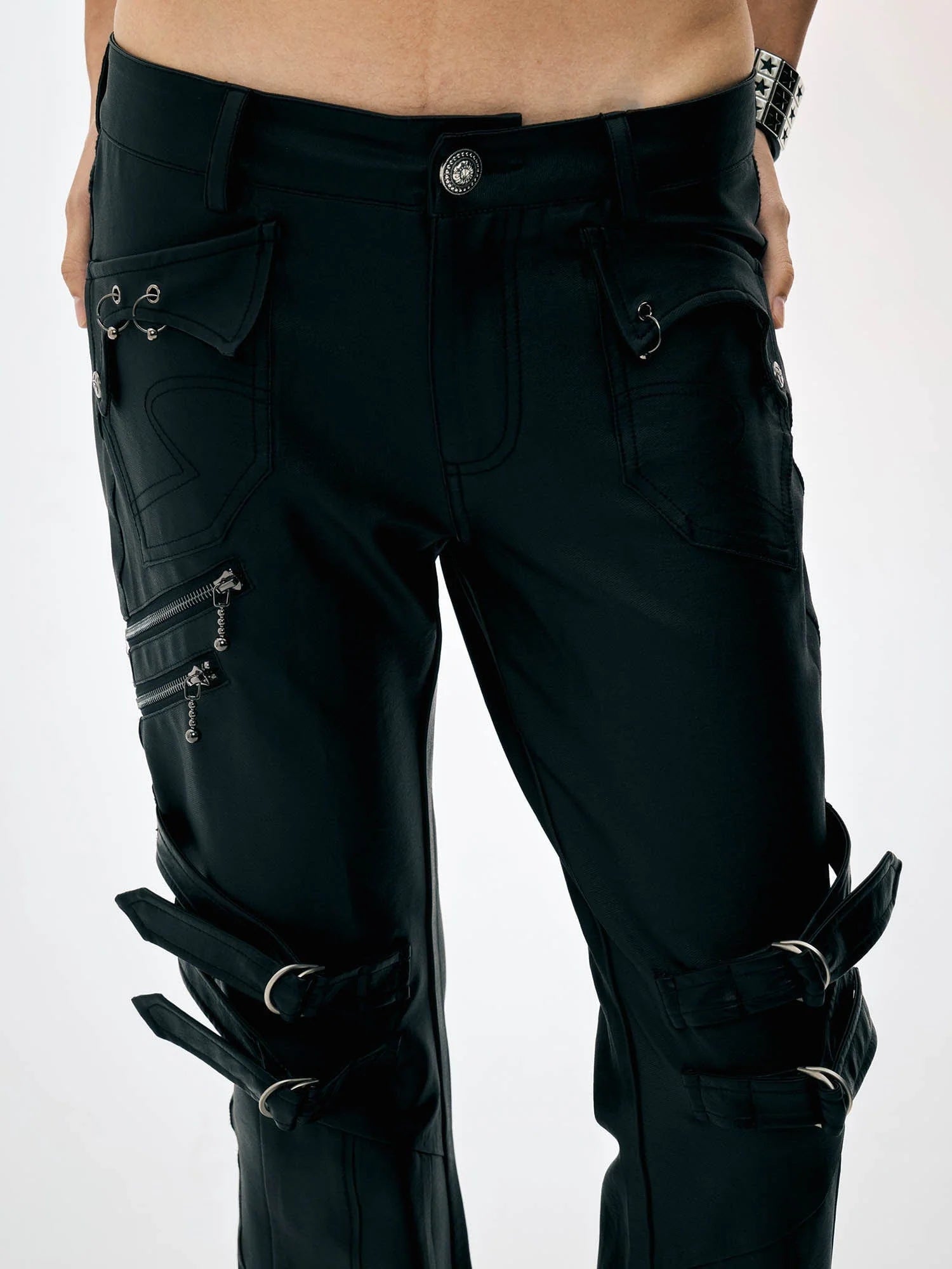 DND4DES×Faychui Waxed Strapped Flared Pants